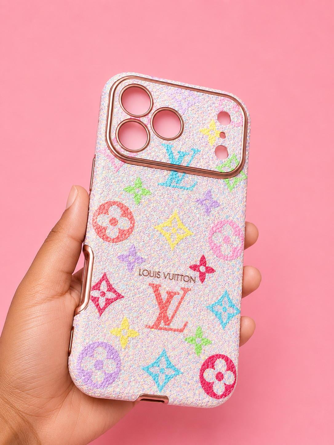 Rainbow glittery LV phone case