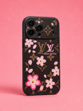 Brown LV iPhone with pink flowers
