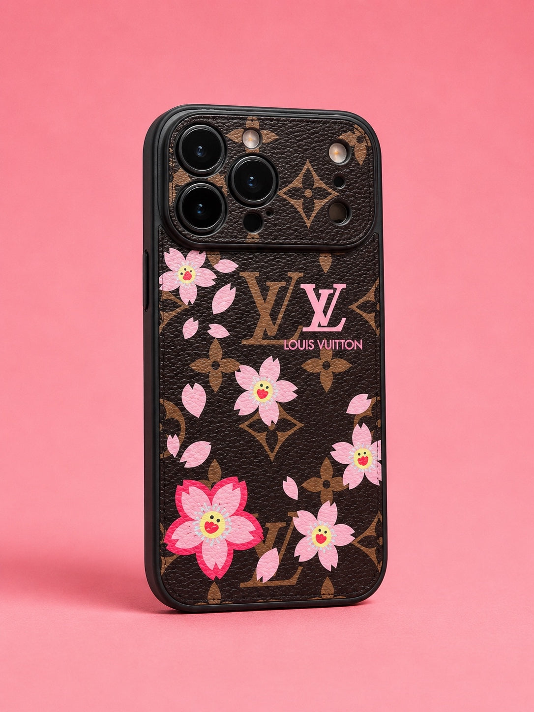 Brown LV iPhone with pink flowers