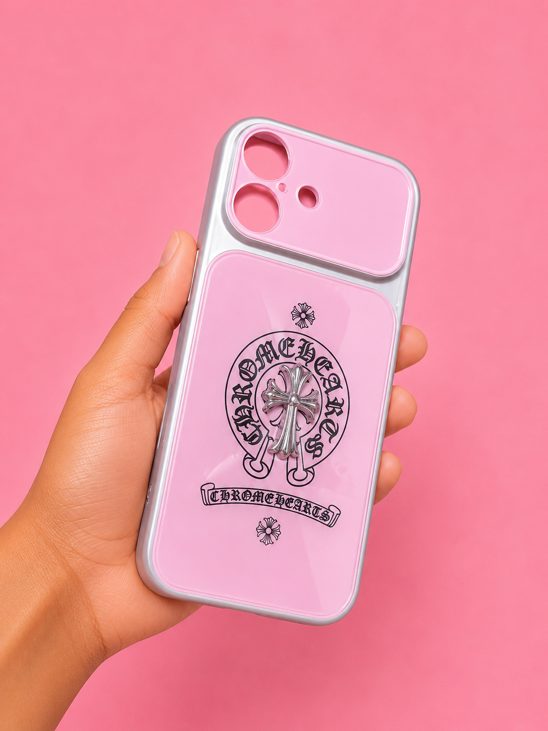 Pink glossy chrome hearts phone case
